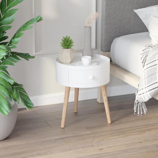 Mesita de Noche con 1 Cajón Mesa Auxiliar Redonda con Borde Elevado y 3 Patas de Madera para Dormitorio Sala de Estar Estilo de Moderno Ø38x45 cm Blanco