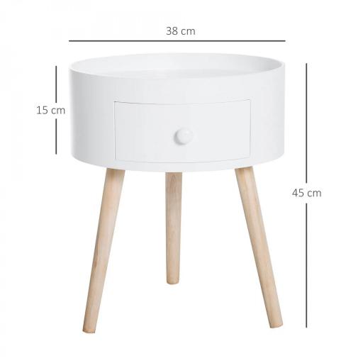Mesita de Noche con 1 Cajón Mesa Auxiliar Redonda con Borde Elevado y 3 Patas de Madera para Dormitorio Sala de Estar Estilo de Moderno Ø38x45 cm Blanco [1]