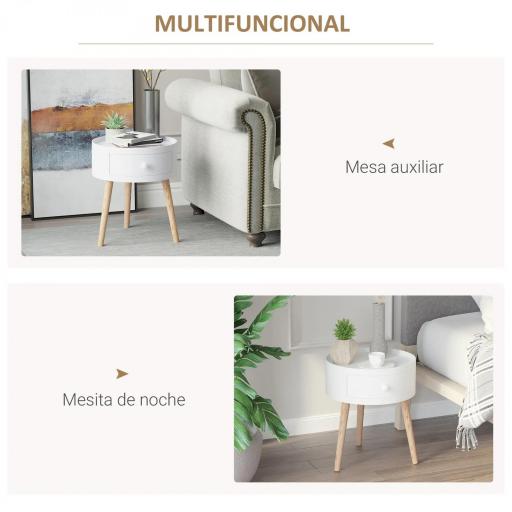 Mesita de Noche con 1 Cajón Mesa Auxiliar Redonda con Borde Elevado y 3 Patas de Madera para Dormitorio Sala de Estar Estilo de Moderno Ø38x45 cm Blanco [2]