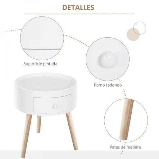 Mesita de Noche con 1 Cajón Mesa Auxiliar Redonda con Borde Elevado y 3 Patas de Madera para Dormitorio Sala de Estar Estilo de Moderno Ø38x45 cm Blanco [3]