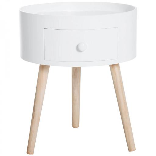 Mesita de Noche con 1 Cajón Mesa Auxiliar Redonda con Borde Elevado y 3 Patas de Madera para Dormitorio Sala de Estar Estilo de Moderno Ø38x45 cm Blanco [9]