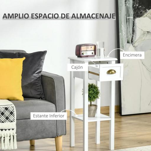 Mesa Auxiliar Moderno, Mesa Auxiliar para Sofá, con Cajón y Estante, Mesita de Noche para Salón, Dormitorio, 30x30x75 cm, Blanco [2]