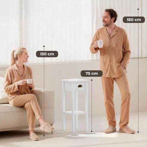 Mesa Auxiliar Moderno, Mesa Auxiliar para Sofá, con Cajón y Estante, Mesita de Noche para Salón, Dormitorio, 30x30x75 cm, Blanco [6]