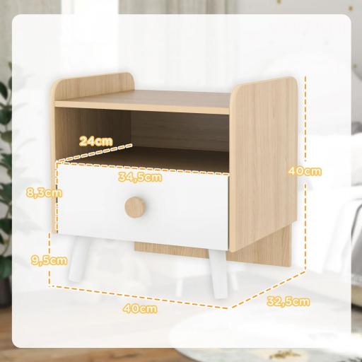 Mesita de Noche para Niños de +3 Años con Cajón y Bordes Redondeados para Dormitorio Roble y Blanco [1]