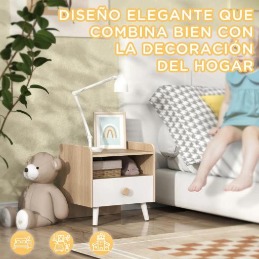 Mesita de Noche para Niños de +3 Años con Cajón y Bordes Redondeados para Dormitorio Roble y Blanco [4]