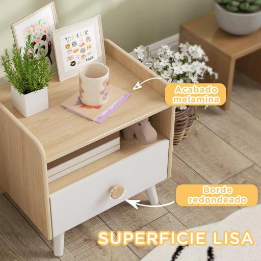Mesita de Noche para Niños de +3 Años con Cajón y Bordes Redondeados para Dormitorio Roble y Blanco [5]
