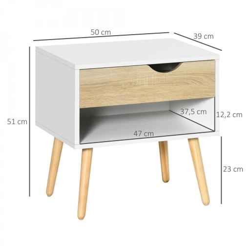 Set de 2 Mesitas de Noche Mesa Auxiliar Mesillas de Noche con Cajón y Estante de Almacenamiento para Dormitorio Salón Cama Oficina Estilo Moderno 50x39x51 cm Blanco y Roble [1]