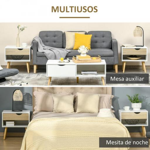 Set de 2 Mesitas de Noche Mesa Auxiliar Mesillas de Noche con Cajón y Estante de Almacenamiento para Dormitorio Salón Cama Oficina Estilo Moderno 50x39x51 cm Blanco y Roble [4]