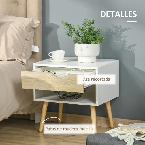 Set de 2 Mesitas de Noche Mesa Auxiliar Mesillas de Noche con Cajón y Estante de Almacenamiento para Dormitorio Salón Cama Oficina Estilo Moderno 50x39x51 cm Blanco y Roble [2]