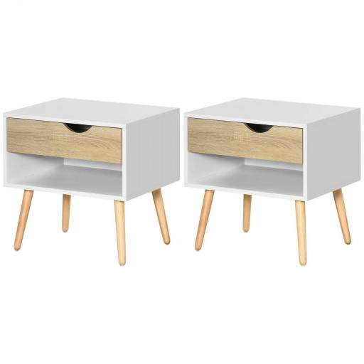 Set de 2 Mesitas de Noche Mesa Auxiliar Mesillas de Noche con Cajón y Estante de Almacenamiento para Dormitorio Salón Cama Oficina Estilo Moderno 50x39x51 cm Blanco y Roble [8]