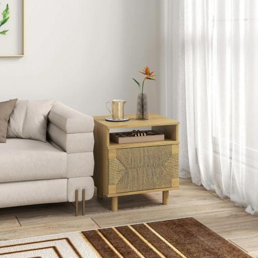 Mesita de Noche Bohemio con Puerta de Cuerda de Papel Estante Abierto Apertura por Presión 45x39x50 cm Roble [3]