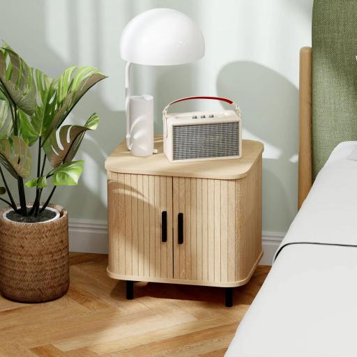 Mesita de Noche para Dormitorio con Puertas Correderas 2 Estantes y Patas de Acero Estilo Escandinavo 48x40x48 cm Roble