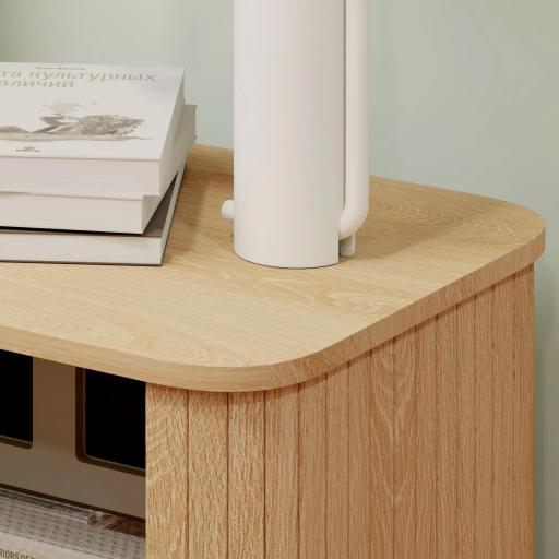 Mesita de Noche para Dormitorio con Puertas Correderas 2 Estantes y Patas de Acero Estilo Escandinavo 48x40x48 cm Roble [4]