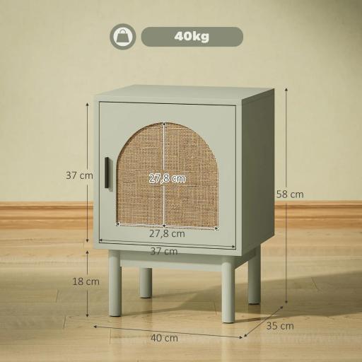 Mesilla de Noche con Puerta de Ratán Estante Ajustable y Patas de Madera Estilo Bohemio 40x35x58 cm Verde Claro [3]