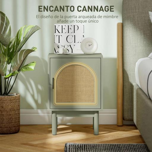 Mesilla de Noche con Puerta de Ratán Estante Ajustable y Patas de Madera Estilo Bohemio 40x35x58 cm Verde Claro [1]