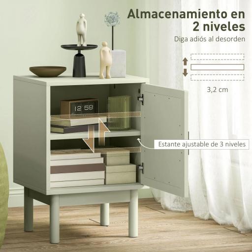 Mesilla de Noche con Puerta de Ratán Estante Ajustable y Patas de Madera Estilo Bohemio 40x35x58 cm Verde Claro [4]