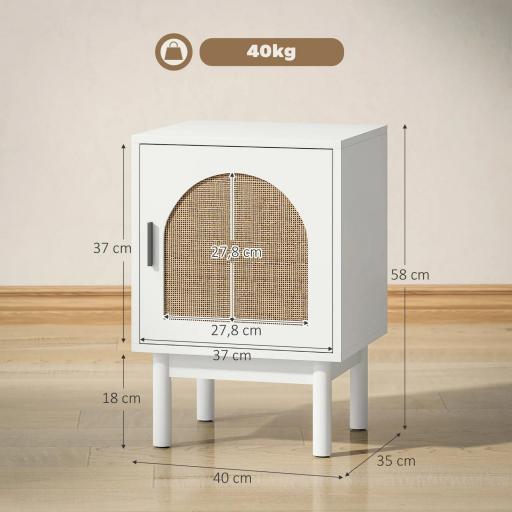 Mesilla de Noche con Puerta de Ratán Estante Ajustable y Patas de Madera Estilo Bohemio 40x35x58 cm Blanco [1]
