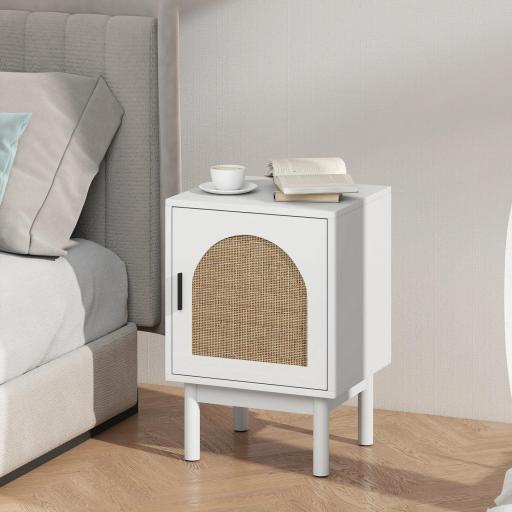 Mesilla de Noche con Puerta de Ratán Estante Ajustable y Patas de Madera Estilo Bohemio 40x35x58 cm Blanco [6]