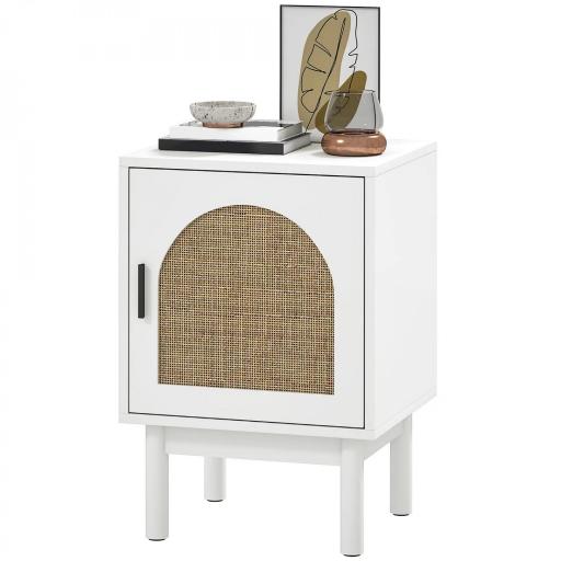 Mesilla de Noche con Puerta de Ratán Estante Ajustable y Patas de Madera Estilo Bohemio 40x35x58 cm Blanco [9]