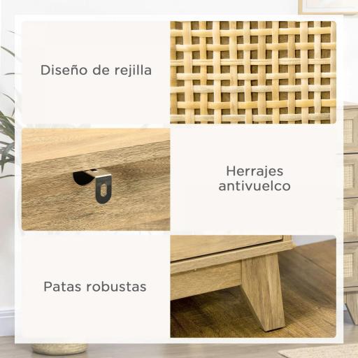 Cómoda con 4 Cajones Cajonera de Madera con Frontales de Ratán Estilo Cannage para Dormitorio 80x35x95 cm Natural [4]