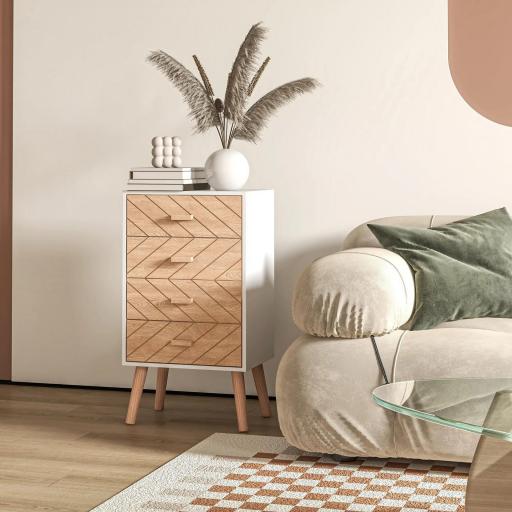 Cómoda con 4 Cajones Cómoda de Dormitorio Mesita de Noche con Patas Elevadas para Salón 40x30x75 cm Blanco y Natura