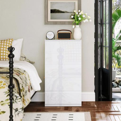 Cómoda con 5 Cajones Diseño Anti-vuelco Cajonera para Salón Pasillo 55x33x100 cm Blanco Brillante [4]