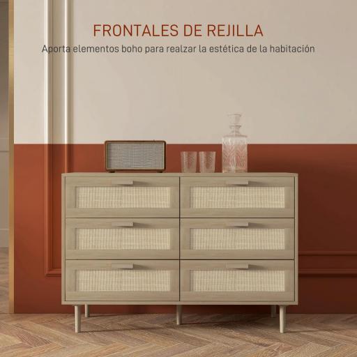 Cómoda para Dormitorio con 6 Cajones con Frontal de Ratán Patas de Madera Cajonera Estilo Bohemio 110x40x75 cm Roble [3]