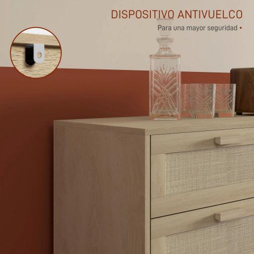 Cómoda para Dormitorio con 6 Cajones con Frontal de Ratán Patas de Madera Cajonera Estilo Bohemio 110x40x75 cm Roble [5]