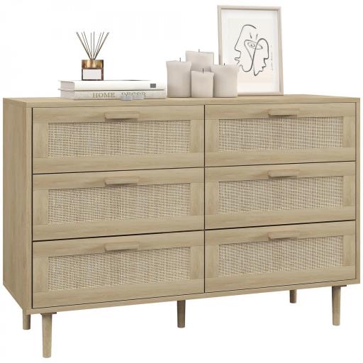 Cómoda para Dormitorio con 6 Cajones con Frontal de Ratán Patas de Madera Cajonera Estilo Bohemio 110x40x75 cm Roble [8]