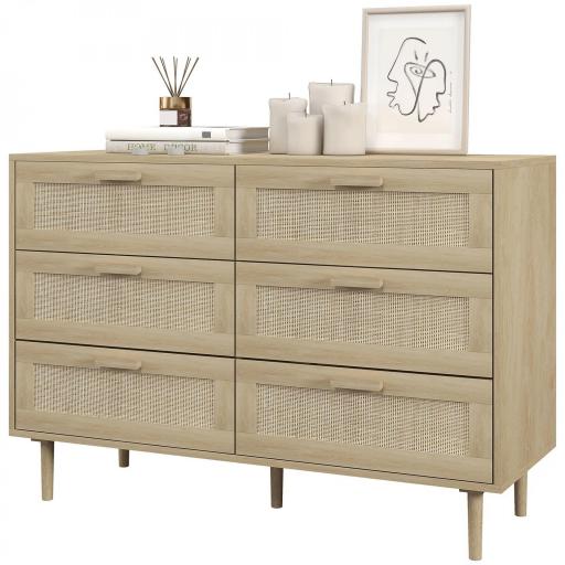 Cómoda para Dormitorio con 6 Cajones con Frontal de Ratán Patas de Madera Cajonera Estilo Bohemio 110x40x75 cm Roble [9]