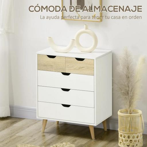 Cómoda con 5 Cajones Cajonera para Dormitorio Salón Estudio Estilo Moderno 60x40x77,5 cm Natural y Blanco [3]