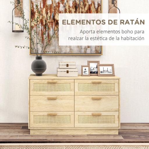 Cómoda de Madera con 6 Cajones de Rejilla de Ratán Estilo Bohemio Mueble Cajonera para Salón Oficina 110x40x69 cm Roble [5]