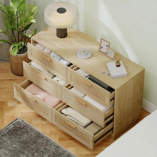 Cómoda de Madera con 6 Cajones de Rejilla de Ratán Estilo Bohemio Mueble Cajonera para Salón Oficina 110x40x69 cm Roble [4]