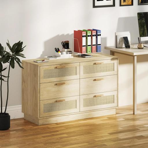 Cómoda de Madera con 6 Cajones de Rejilla de Ratán Estilo Bohemio Mueble Cajonera para Salón Oficina 110x40x69 cm Roble [3]