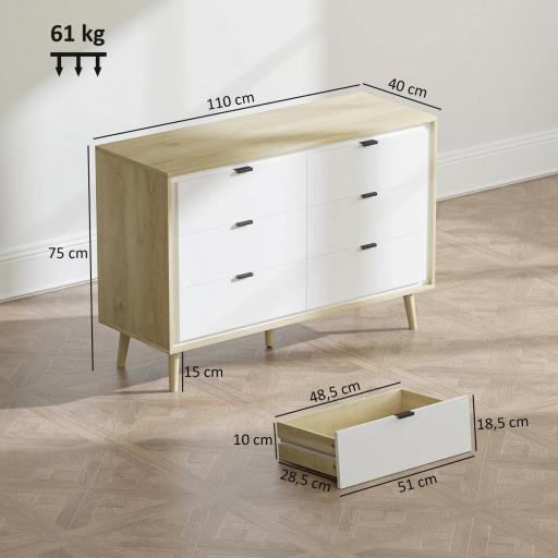 Cómoda 6 Cajones Cómoda Dormitorio con Patas de Madera Estilo Moderno 110x40x75 cm Blanco Brillo y Roble [1]