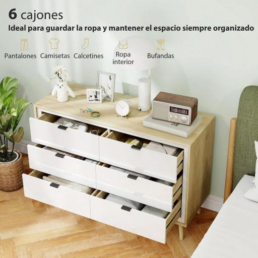 Cómoda 6 Cajones Cómoda Dormitorio con Patas de Madera Estilo Moderno 110x40x75 cm Blanco Brillo y Roble [2]