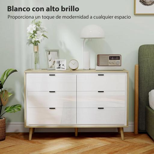 Cómoda 6 Cajones Cómoda Dormitorio con Patas de Madera Estilo Moderno 110x40x75 cm Blanco Brillo y Roble [3]