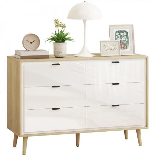 Cómoda 6 Cajones Cómoda Dormitorio con Patas de Madera Estilo Moderno 110x40x75 cm Blanco Brillo y Roble [8]