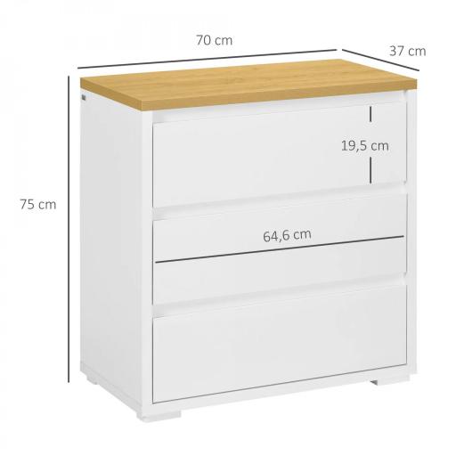 Cómoda con 3 Cajones Cómoda Dormitorio sin Tiradores Cajonera para Salón Oficina Estilo Moderno 70x37x75 cm Blanco [1]