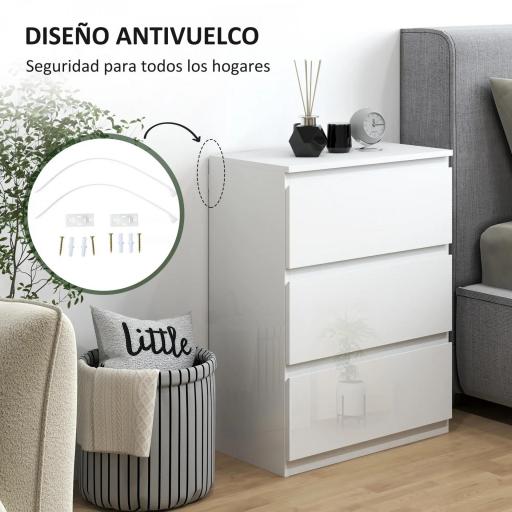 Cómoda con 3 Cajones Cómoda de Dormitorio Moderno con Diseño Anti-vuelco 55x34x75 cm Blanco Brillo [4]