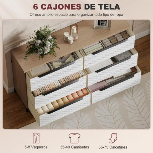 Cómoda con 6 Cajones de Tela Frentes con Patrón de Diamante para Salón Oficina Vestidor Natural y Blanco [4]