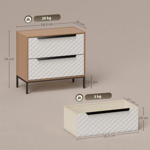 Cómoda con 2 Cajones de Tela Frentes con Patrón de Diamante para Salón Oficina Vestidor Natural y Blanco [1]