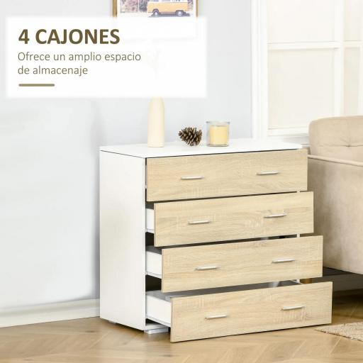 Cómoda con 4 Cajones Cajonera Auxiliar Moderna para Dormitorio Pasillo Sala de Estar 76x35x72 cm Roble y Blanco [5]