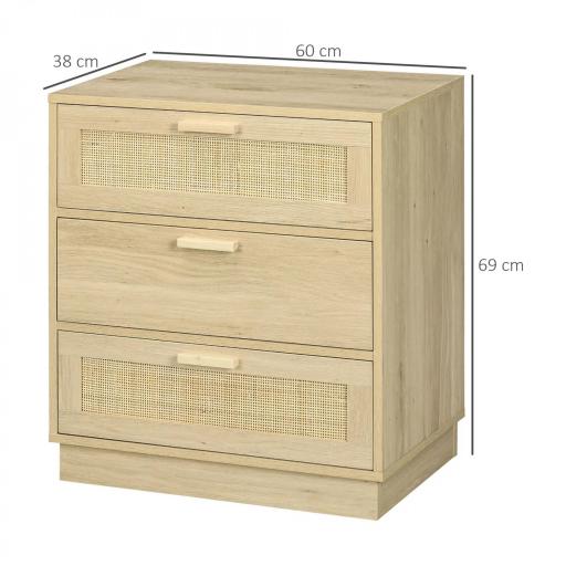 Cómoda con 3 Cajones de Rejilla de Ratán Cajonera de Madera para Dormitorio Estilo Cannage Bohemio 60x38x69 cm Natural [1]