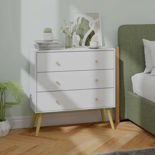 Cómoda con 3 Cajones Cajonera de Dormitorio con Patas de Madera de Pino para Salón Oficina Habitación 80x30x80 cm Blanco
