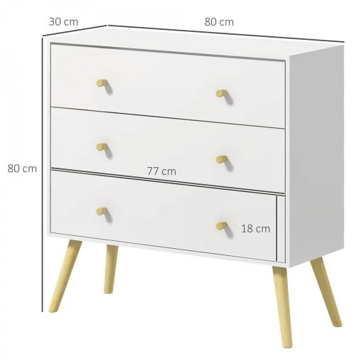 Cómoda con 3 Cajones Cajonera de Dormitorio con Patas de Madera de Pino para Salón Oficina Habitación 80x30x80 cm Blanco [1]