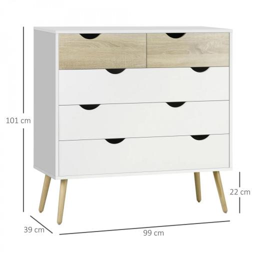 Cómoda para Dormitorio con 5 Cajones Patas Elevadas de Madera para Salón Oficina 99x39x101 cm Blanco y Roble [1]