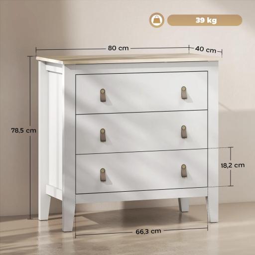 Cómoda para Dormitorio con 3 Cajones Tiradores de PU Cajonera para Salón Pasillo 80x40x78,5 cm Blanco [1]