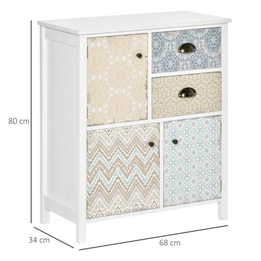 Cómoda para Dormitorio Bohemio con 2 Cajones 3 Compartimentos Diseño Anti-vuelco 68x34x80 cm Blanco [1]