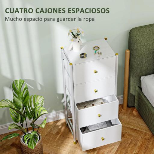 Cajonera de Tela con 4 Cajones Plegables con Frentes de PU y Marco de Acero Cajonera para Dormitorio Salón Blanco [4]
